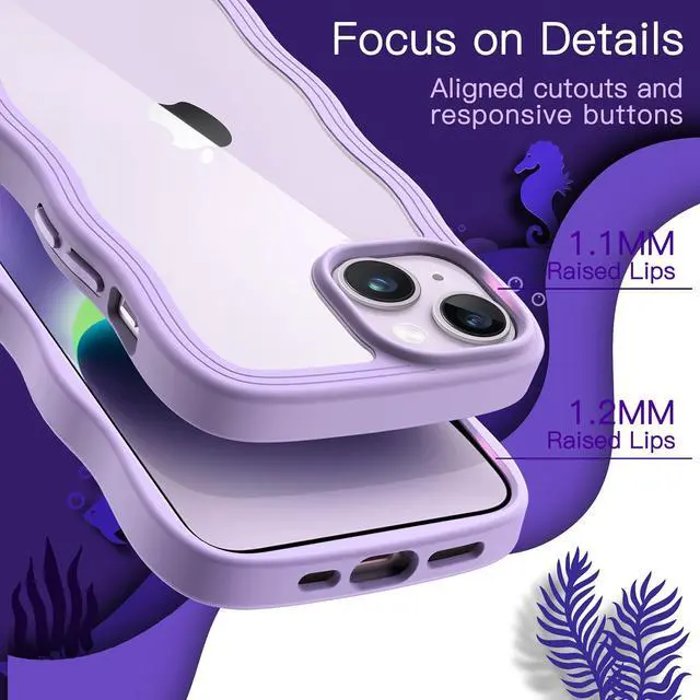 Alt view image 5 of 7 - JETech Cute Case for iPhone 14 6.1-Inch, Wave Frame Curly Shape Shockproof Phone Cover for Women and Girls, Clear Hard PC Back (Purple)