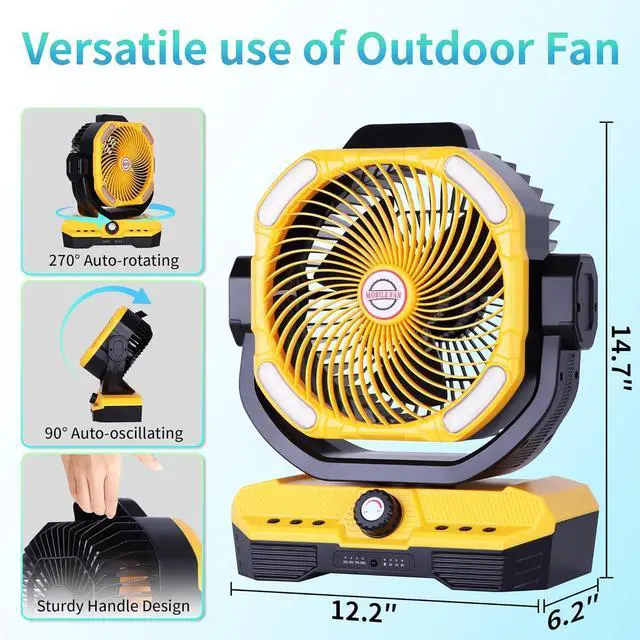 Alt view image 6 of 7 - Battery Powered Fan Powerful Airflow Battery Operated Air Circulator Fan for Bedroom,Quiet & 360°Auto Oscillating Rechargeable Camping Fans with LED Light (RGBW) X66 Yellow