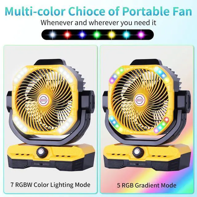 Alt view image 3 of 7 - Battery Powered Fan Powerful Airflow Battery Operated Air Circulator Fan for Bedroom,Quiet & 360°Auto Oscillating Rechargeable Camping Fans with LED Light (RGBW) X66 Yellow