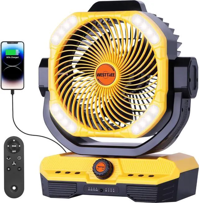 Main image of Battery Powered Fan Powerful Airflow Battery Operated Air Circulator Fan for Bedroom,Quiet & 360°Auto Oscillating Rechargeable Camping Fans with LED Light (RGBW) X66 Yellow