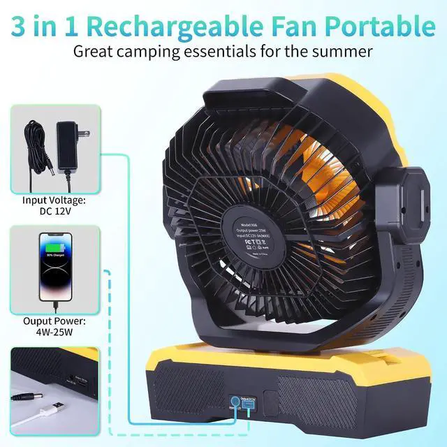 Alt view image 7 of 7 - Battery Powered Fan Powerful Airflow Battery Operated Air Circulator Fan for Bedroom,Quiet & 360°Auto Oscillating Rechargeable Camping Fans with LED Light (RGBW) X66 Yellow