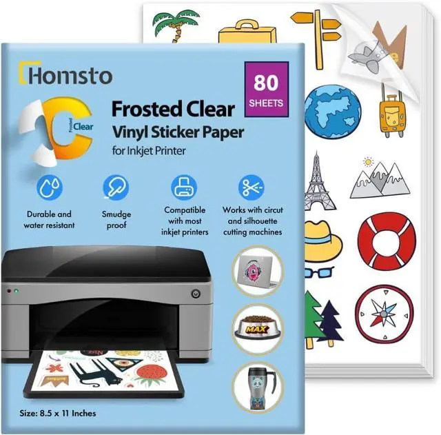 Main image of Printable Vinyl Sticker Paper for Inkjet Printer - Self Adhesive Frosty Clear Waterproof Sticker Paper - 80 Sheets 8.5x11 - Easy Cut & Peel, Premium Quality Sticker Printer Paper for Crafts, Decals