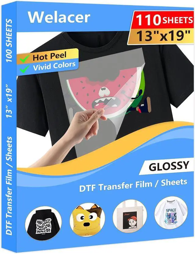Main image of DTF Transfer Film 13"x19" 110 Sheets for Sublimation or DTF Inkjet Printers, Single-Sided Matte PET Heat Transfer Paper, Direct Printing on T-Shirt and All Color Fabrics