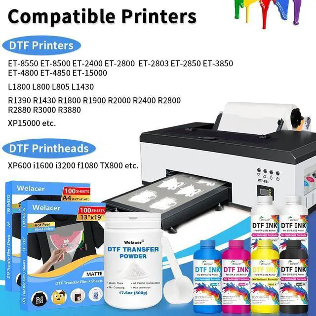 Alt view image 7 of 7 - DTF Transfer Film 13"x19" 110 Sheets for Sublimation or DTF Inkjet Printers, Single-Sided Matte PET Heat Transfer Paper, Direct Printing on T-Shirt and All Color Fabrics