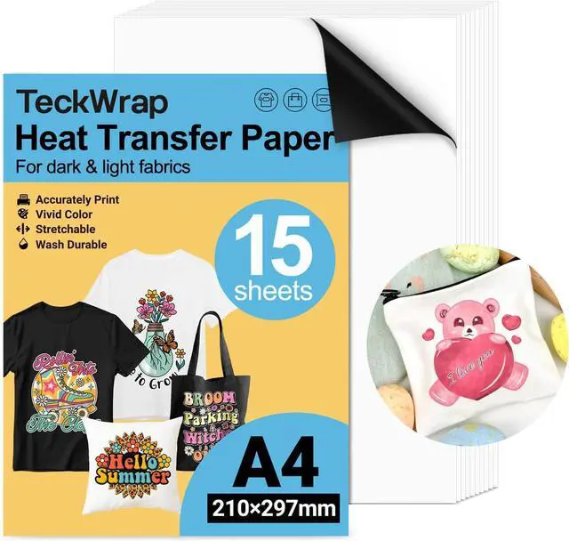 Main image of TECKWRAP Printable Heat Transfer Paper for T-Shirts 15 Sheets, 8.3" X 11.7" Printable Heat Transfer Vinyl for Inkjet Printer, Iron on Transfer Paper for Light and Dark Fabric (Matte White)