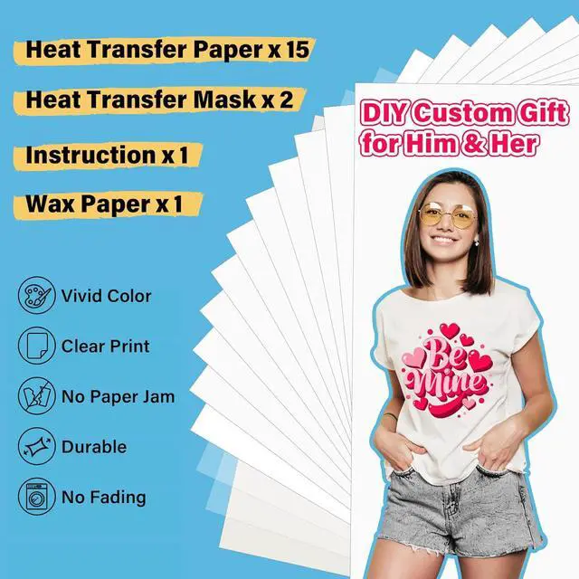 Alt view image 2 of 7 - TECKWRAP Printable Heat Transfer Paper for T-Shirts 15 Sheets, 8.3" X 11.7" Printable Heat Transfer Vinyl for Inkjet Printer, Iron on Transfer Paper for Light and Dark Fabric (Matte White)