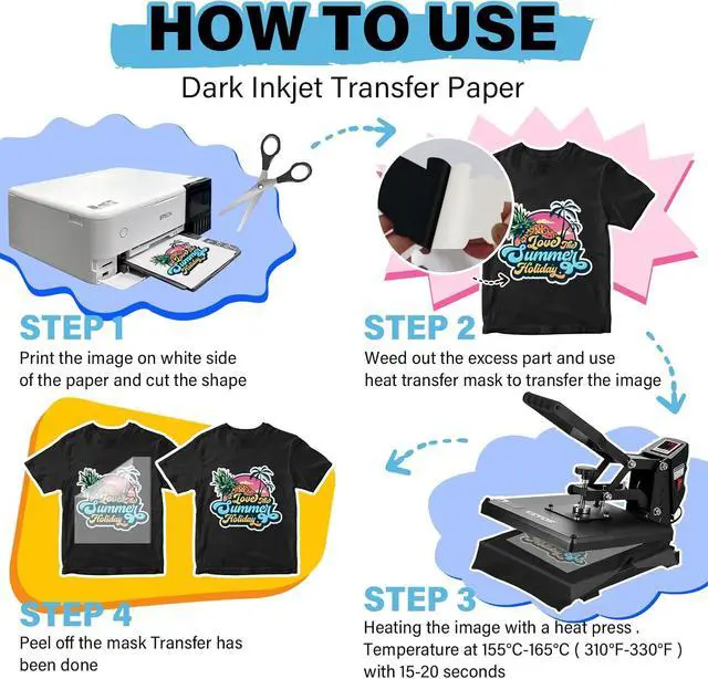 Alt view image 5 of 7 - TECKWRAP Printable Heat Transfer Paper for T-Shirts 15 Sheets, 8.3" X 11.7" Printable Heat Transfer Vinyl for Inkjet Printer, Iron on Transfer Paper for Light and Dark Fabric (Matte White)