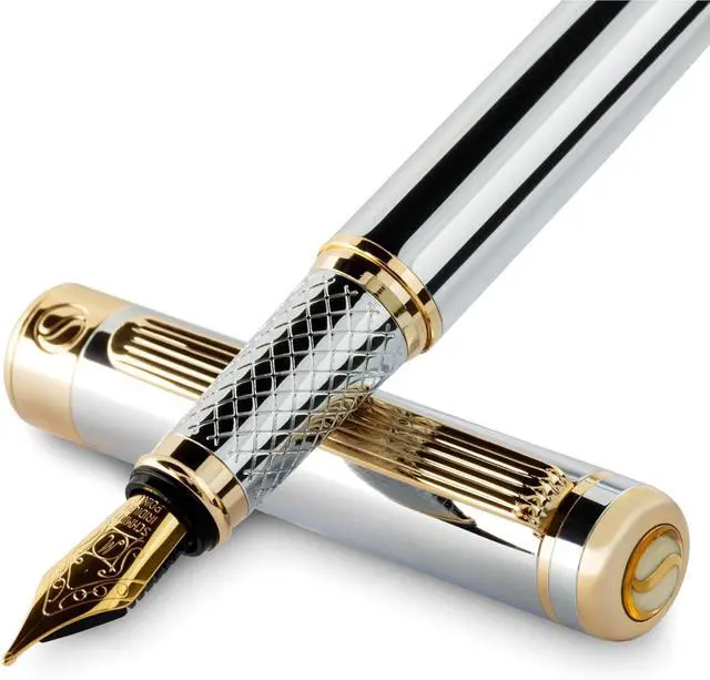 Main image of Scriveiner Silver Chrome Fountain Pen - Stunning Luxury Pen, Real Gold Finish Schmidt Gilded Nib (Medium), Best Pen Gift Set for Men & Women, Professional, Executive Office, Nice Pens