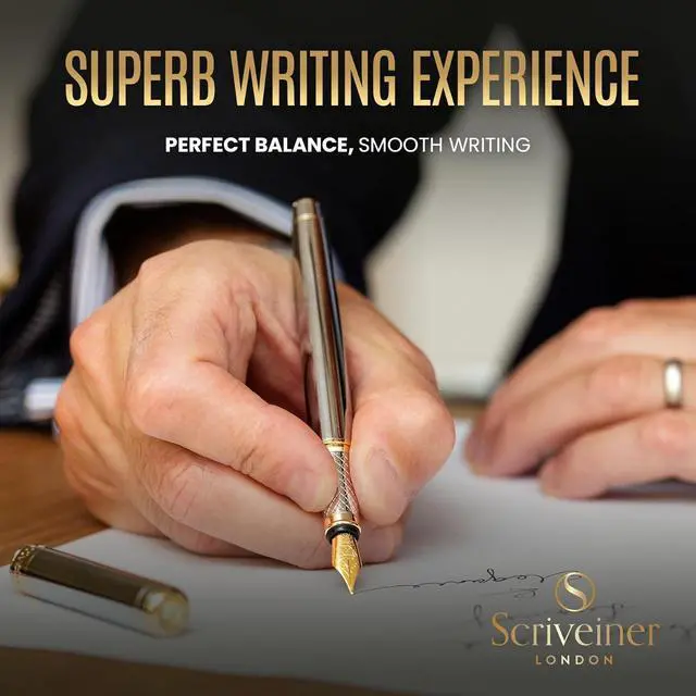 Alt view image 4 of 7 - Scriveiner Silver Chrome Fountain Pen - Stunning Luxury Pen, Real Gold Finish Schmidt Gilded Nib (Medium), Best Pen Gift Set for Men & Women, Professional, Executive Office, Nice Pens