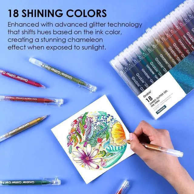 Alt view image 5 of 6 - Grabie Jumbo Glitter Gel Pens Set of 18, Metallic Sparkle Gel Ink Pens, Large Capacity Vibrant Glitter Pens for Coloring Books, Drawing, Journaling, Scrapbooking & DIY Crafts, Smooth Writing Art Pens