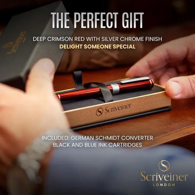 Alt view image 3 of 7 - Scriveiner Deep Crimson Red Fountain Pen - Stunning Luxury Pen with Chrome Finish, Schmidt Nib (Medium), Best Pen Gift Set for Men & Women, Professional, Executive, Office, Nice Pens