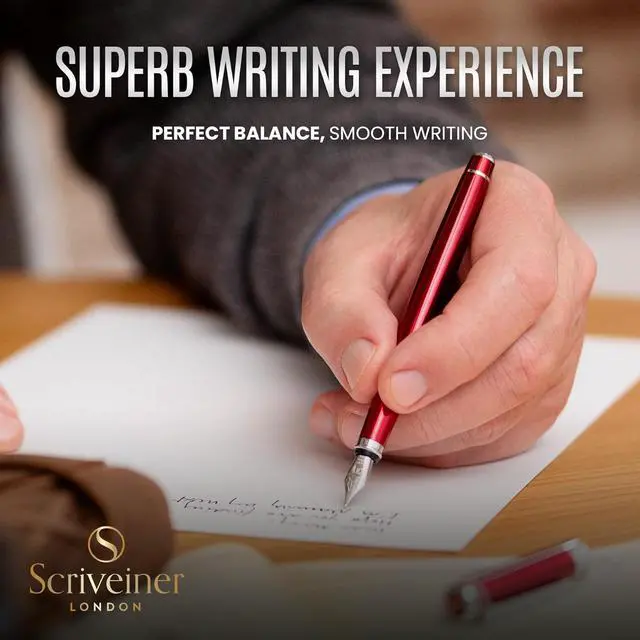 Alt view image 4 of 7 - Scriveiner Deep Crimson Red Fountain Pen - Stunning Luxury Pen with Chrome Finish, Schmidt Nib (Medium), Best Pen Gift Set for Men & Women, Professional, Executive, Office, Nice Pens