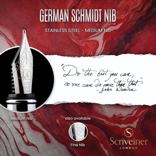 Alt view image 5 of 7 - Scriveiner Deep Crimson Red Fountain Pen - Stunning Luxury Pen with Chrome Finish, Schmidt Nib (Medium), Best Pen Gift Set for Men & Women, Professional, Executive, Office, Nice Pens