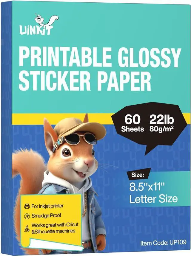 Main image of Uinkit Premium Adhesive Photo Paper 8.5x11 inch Glossy Self-Adhesive Sticker Paper for Inkjet Printer, Quick Dry Works with Cricut Silhouette - Perfect for Stickers Labels (60)