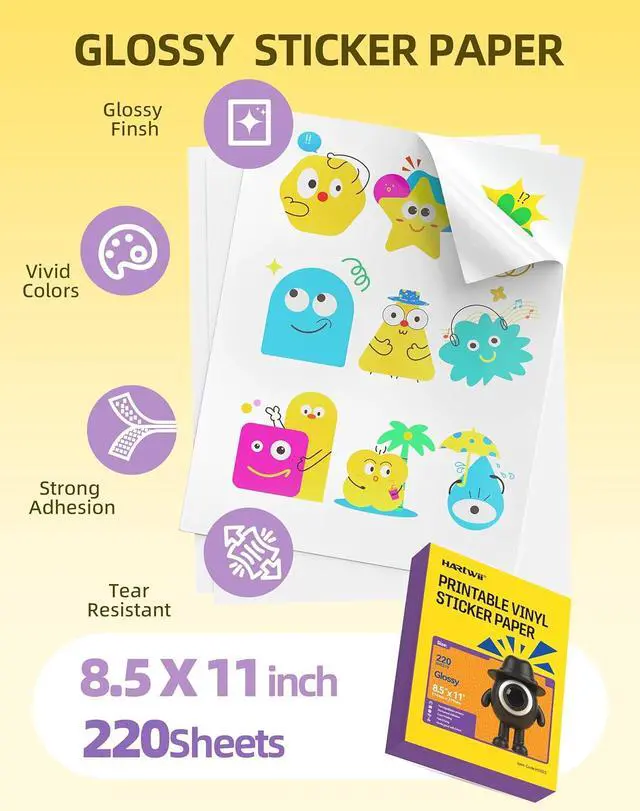 Alt view image 2 of 7 - 220 Sheets Premium Glossy Printable Vinyl Sticker Paper, 8.5x11" Thicker Glossy White Self-Adhesive Sticker Paper,Quick-Drying Waterproof &Tear-Resistant Removable for Inkjet & Laser Printers