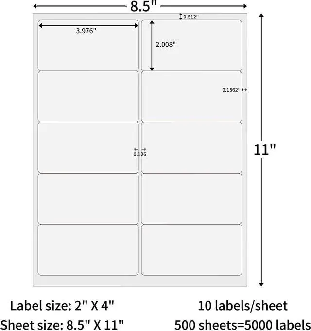 Alt view image 2 of 7 - 500 Sheets 5000 Labels Shipping Labels, 2 x 4 Sticker Paper for Laser/Inkjet Printer Mailing Labels, 10 UP Address Labels, Permanent Adhesive Sticker Labels