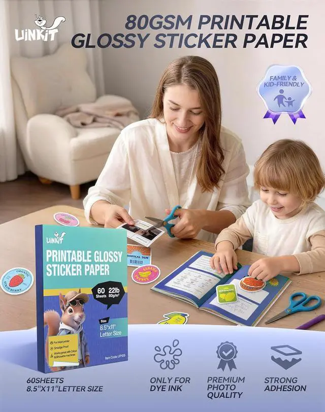 Alt view image 2 of 7 - Uinkit Premium Adhesive Photo Paper 8.5x11 inch Glossy Self-Adhesive Sticker Paper for Inkjet Printer, Quick Dry Works with Cricut Silhouette - Perfect for Stickers Labels (60)