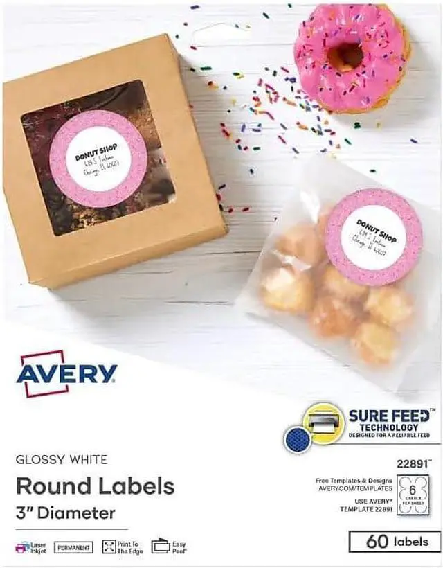 Main image of Avery Glossy White Labels, Sure Feed Technology, 3" Round Labels, Print-to-The-Edge, Laser/Inkjet, 60 Total (22891)