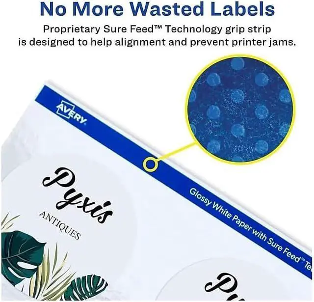 Alt view image 4 of 7 - Avery Glossy White Labels, Sure Feed Technology, 3" Round Labels, Print-to-The-Edge, Laser/Inkjet, 60 Total (22891)