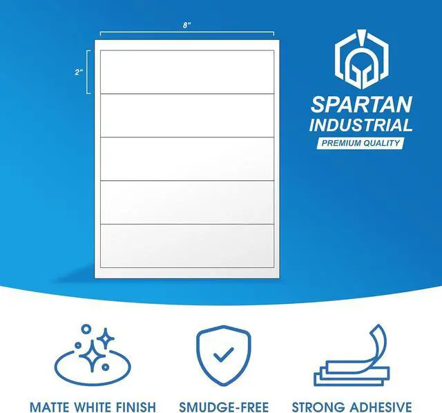 Alt view image 2 of 7 - 8" X 2" Matte White Printable Water Bottle Labels (100 Sheets, 500 Stickers) NOT Waterproof Bottle Wrap Around Stickers for Laser & Inkjet Printers - Spartan Industrial Template R024