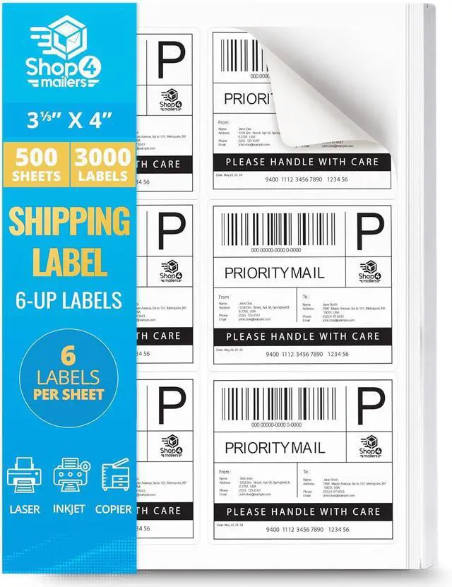 Main image of Shop4Mailers 6-Up White Permanent Self Adhesive Shipping Labels 3 1/3 x 4 Easy Peel Stickers for Laser & Inkjet Printers - 500 Sheets - 3,000 Count Labels