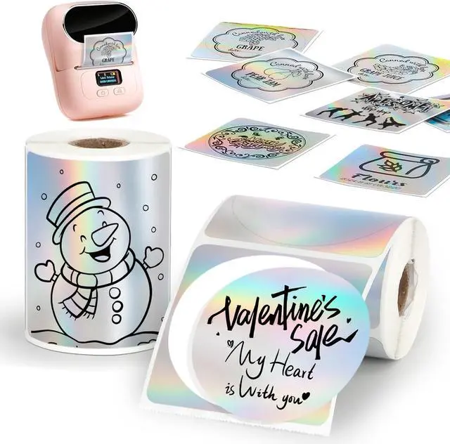Main image of HuiJuKeJi 2 Rolls Holographic Silver Thermal Labels Paper for Phomemo M110 M200 M220 M221,50x50MM RoundSquare,Waterproof Self-Adhesive Mini Printer Laser Stickers for DIY Glitter Labels/Thanks Card