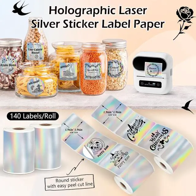 Alt view image 2 of 7 - HuiJuKeJi 2 Rolls Holographic Silver Thermal Labels Paper for Phomemo M110 M200 M220 M221,50x50MM RoundSquare,Waterproof Self-Adhesive Mini Printer Laser Stickers for DIY Glitter Labels/Thanks Card