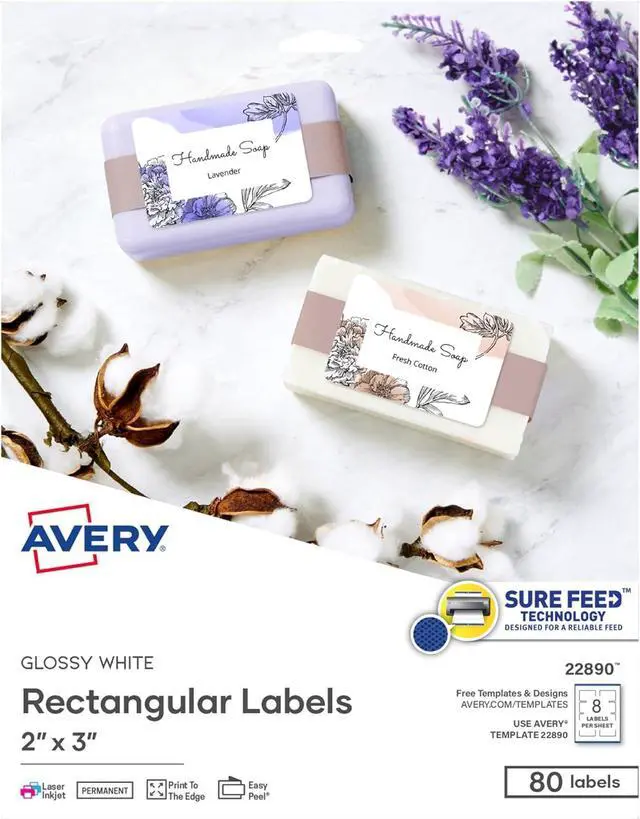 Main image of Avery Glossy White Labels, Sure Feed Technology, 2" x 3" Rectangle Labels, Print-to-The-Edge, Laser/Inkjet, 80 Total (22890)