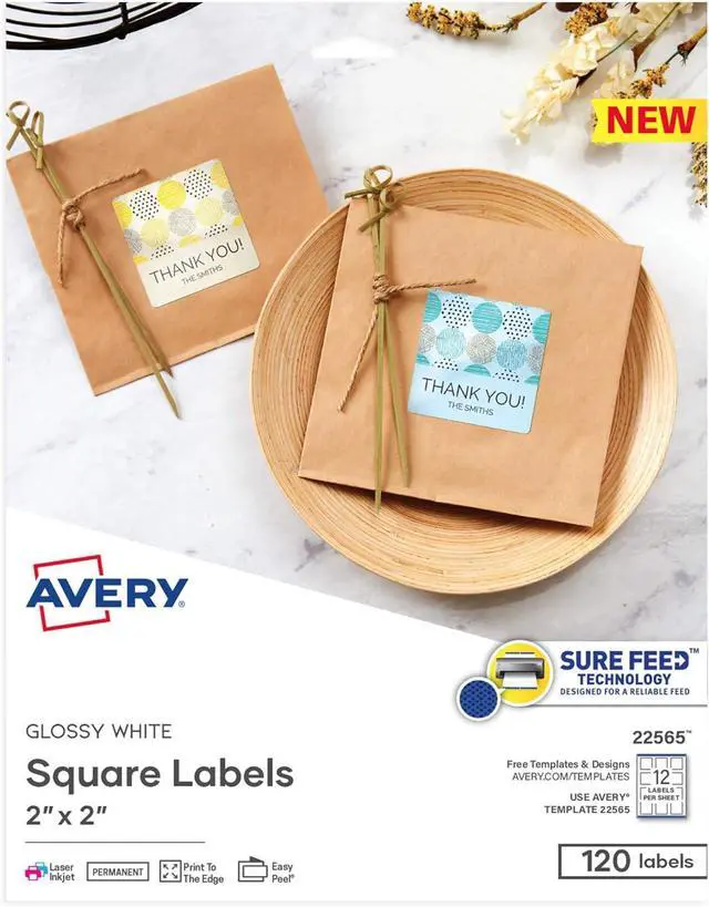 Main image of Avery Printable Blank Square Labels, 2" x 2", Glossy White, 120 Customizable Labels (22565)