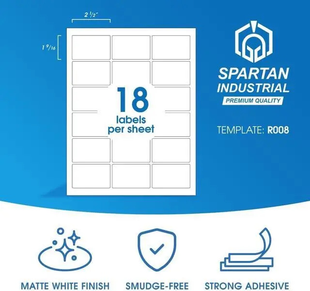 Alt view image 2 of 7 - 2.5" X 1.563" Matte White Printable Product Labels (250 Sheets, 4500 Stickers) Bottle and Jar Labels, Packaging Stickers for Laser & Inkjet Printers - Spartan Industrial Template R008