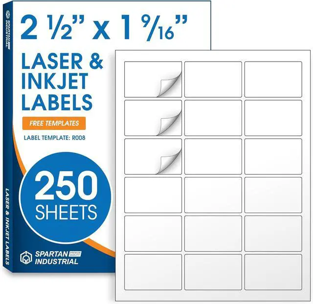 Main image of 2.5" X 1.563" Matte White Printable Product Labels (250 Sheets, 4500 Stickers) Bottle and Jar Labels, Packaging Stickers for Laser & Inkjet Printers - Spartan Industrial Template R008