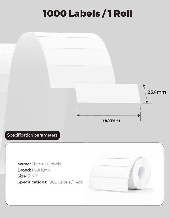 Alt view image 2 of 7 - MUNBYN 3x1 Inch White Thermal Labels, Strong Adhesive, Thermal Sticker Labels for Price, Mailing, Name, 1000 Sheets/1 Roll