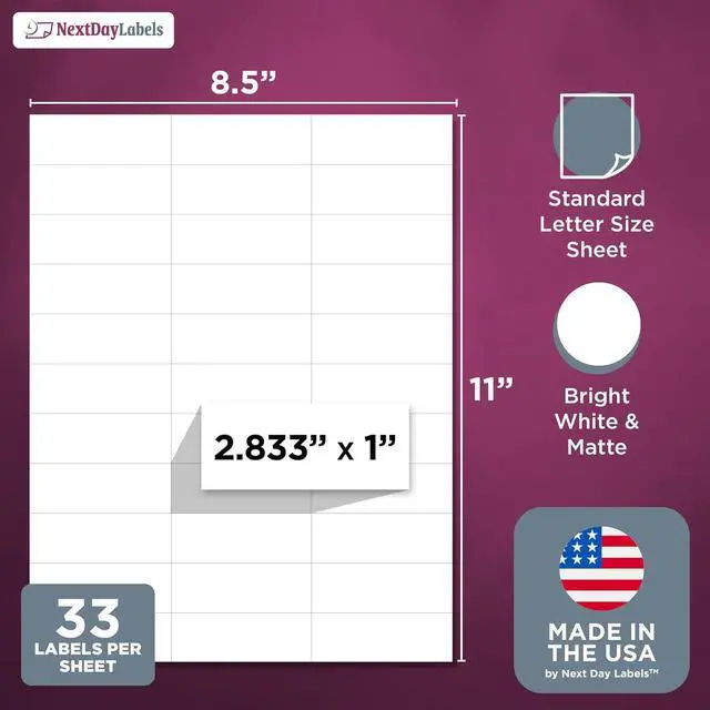 Alt view image 2 of 7 - NextDayLabels 2.83x1 Inch Rectangle Stickers White Blank Labels for Laser Inkjet Printer - 33 Per Sheet Self-Adhesive Address Mailing Barcode Made in USA - 1650 Labels