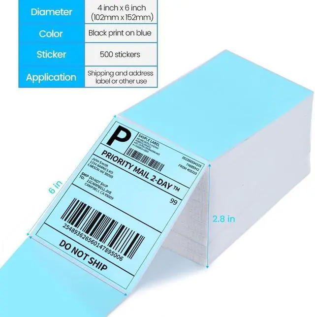 Alt view image 2 of 7 - Label KINGDOM Thermal Label Printer Paper, 4"x 6" 500-Fanfold Blue Stickers for Polono, Phomemo Direct Thermal Printer for Shipping Address Label, 1 Roll