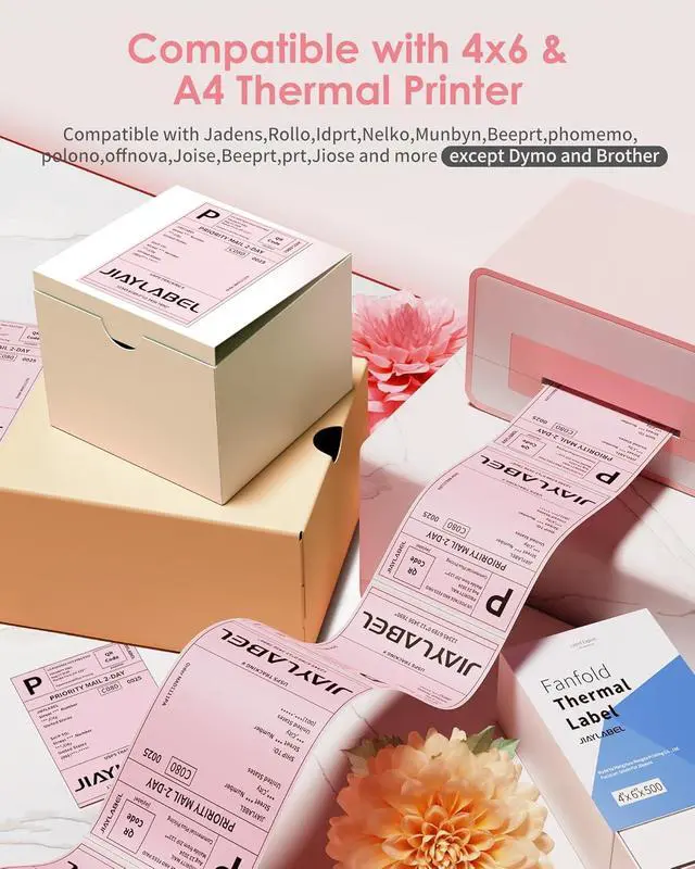 Alt view image 3 of 6 - 4x6 Thermal Shipping Label Mailing Stickers Paper for Thermal Label Printer USPS UPS Address Big Packing Fanfold Pink Color 500 Labels/Stack,1 Stack