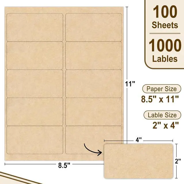 Alt view image 2 of 6 - NATURALABEL 100 Sheets Printable Kraft Label Stickers for Laser & Inkjet Printers, 2" x 4" - 10 per Page, Matte (1000 Count)