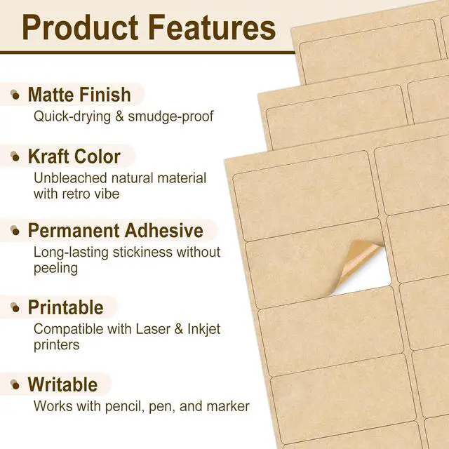 Alt view image 3 of 6 - NATURALABEL 100 Sheets Printable Kraft Label Stickers for Laser & Inkjet Printers, 2" x 4" - 10 per Page, Matte (1000 Count)