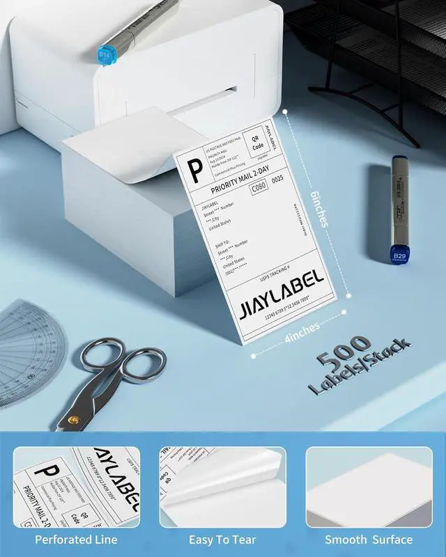 Alt view image 2 of 6 - 4x6 Thermal Shipping Label Paper for Thermal Label Printer USPS UPS Address Mailing Stickers Big Packing Fanfold White 500 Labels/Stack,4 Stacks, Total 2000PCS