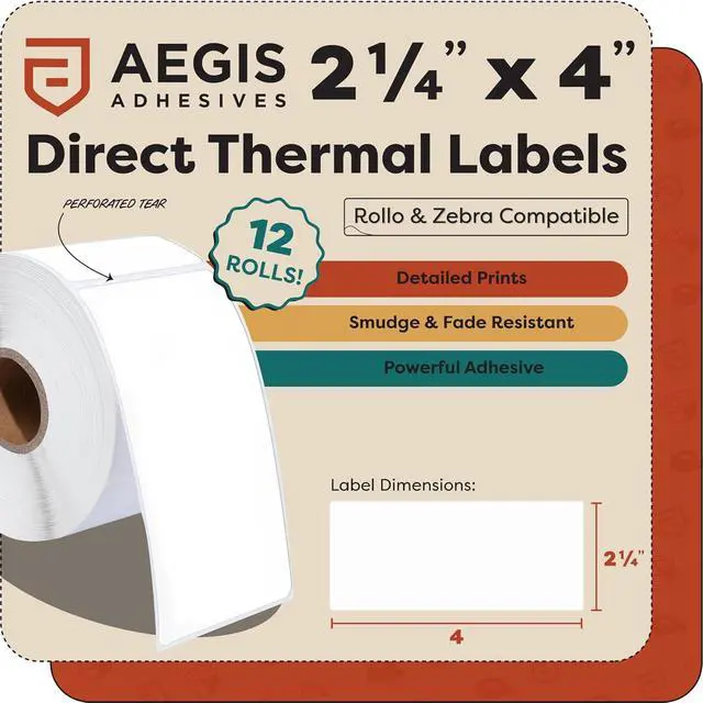 Alt view image 2 of 7 - Aegis Adhesives - 2.25" X 4" Direct Thermal Labels (4200 Count, 12 Rolls) - Shipping and Return Address Postage Labels for Small Packages - Compatible with Zebra and Rollo Printers