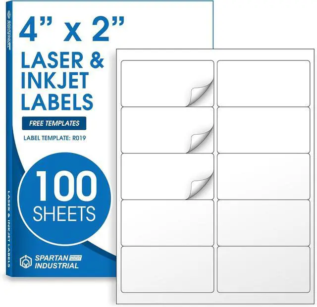 Main image of 2" X 4" Matte White Printable Shipping Labels (100 Sheets, 1000 Stickers) Address and Mailing Labels for Laser & Inkjet Printers - Spartan Industrial Template R019