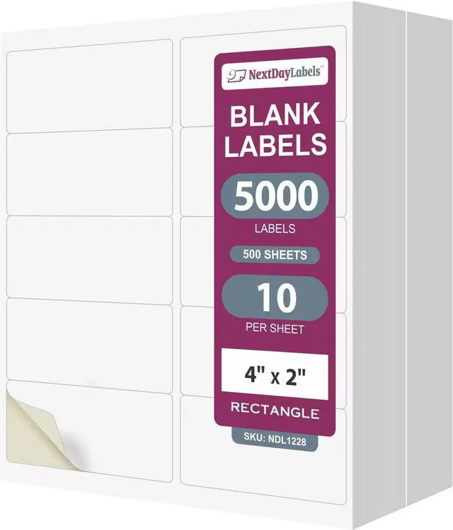 Main image of NextDayLabels 4x2 Inch Rectangle Stickers White Blank Labels for Laser Inkjet Printer - 10 Per Sheet Self-Adhesive Product Barcode Inventory Made in USA - 5,000 Labels
