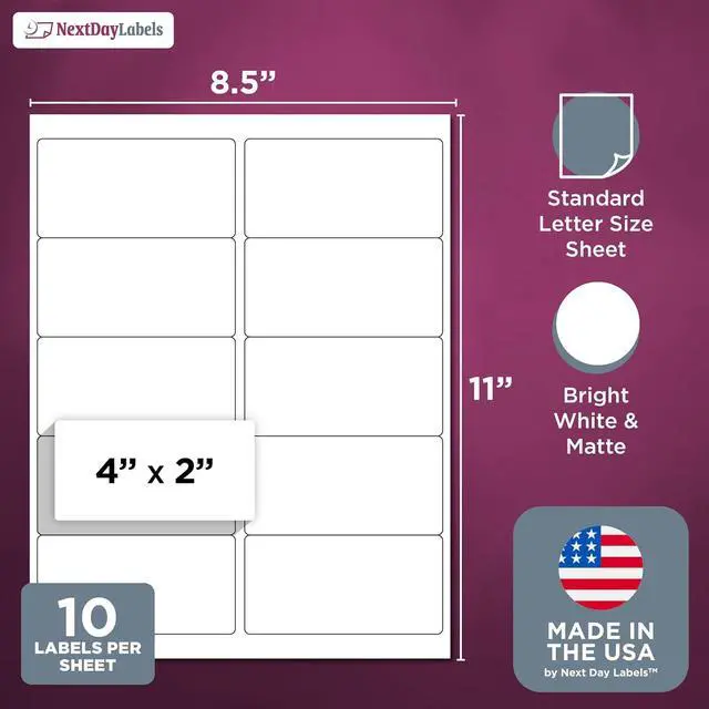 Alt view image 2 of 7 - NextDayLabels 4x2 Inch Rectangle Stickers White Blank Labels for Laser Inkjet Printer - 10 Per Sheet Self-Adhesive Product Barcode Inventory Made in USA - 5,000 Labels