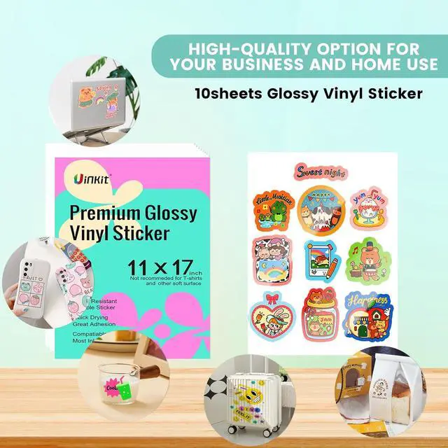 Alt view image 2 of 7 - Uinkit 10 Sheets Premium Glossy Printable Vinyl Sticker Paper for Inkjet & Laser Printers - Waterproof, Quickly-Dries for Pet Photos & Kids Crafts, Tear-Resistant Decals (Menu Size 11"x17")