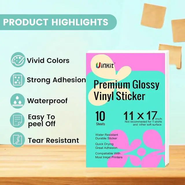 Alt view image 3 of 7 - Uinkit 10 Sheets Premium Glossy Printable Vinyl Sticker Paper for Inkjet & Laser Printers - Waterproof, Quickly-Dries for Pet Photos & Kids Crafts, Tear-Resistant Decals (Menu Size 11"x17")