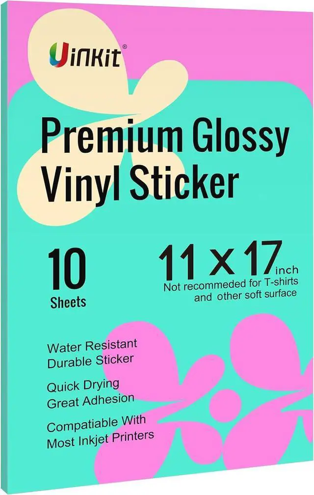 Main image of Uinkit 10 Sheets Premium Glossy Printable Vinyl Sticker Paper for Inkjet & Laser Printers - Waterproof, Quickly-Dries for Pet Photos & Kids Crafts, Tear-Resistant Decals (Menu Size 11"x17")