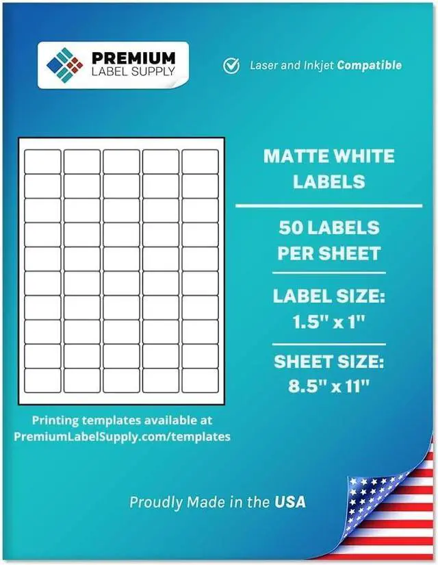 Main image of Premium Label Supply White Sticker Barcode Labels 1.5" x 1" Laser/Inkjet Compatible (50 per Sheet), 100 Sheets 5000 Total Adhesive Labels