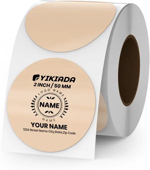 Main image of Khaki Circle Thermal Labels Vinyl 2 Inch Self-Adhesive Round Stickers Roll Waterproof Printer Decals Name Tag for QR Code DIY Office Address 500 PCS