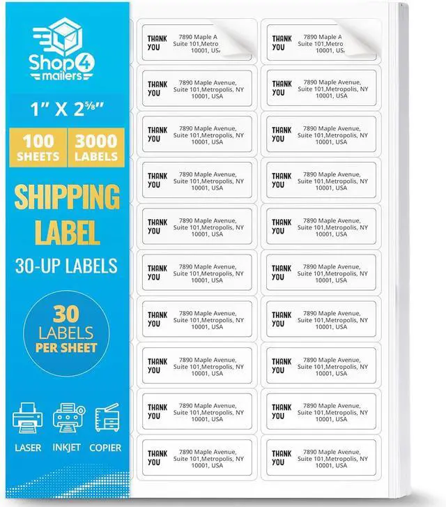 Main image of Shop4Mailers 30-Up White Permanent Self Adhesive Shipping Labels 1 x 2 5/8 Easy Peel Stickers for Laser & Inkjet Printers - 100 Sheets - 3,000 Count Labels