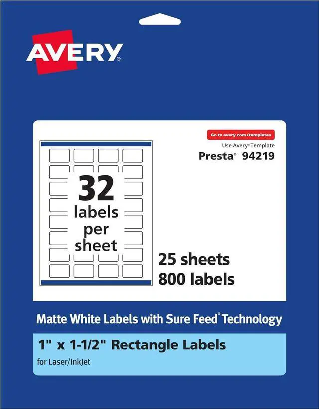 Main image of Avery Matte White Rectangle Labels, Sure Feed Technology, 1" x 1.5", 800 Matte White Printable Labels