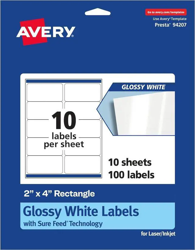Main image of Avery Rectangle Labels, Sure Feed Technology, 2" x 4", 100 Glossy White Labels (36466)